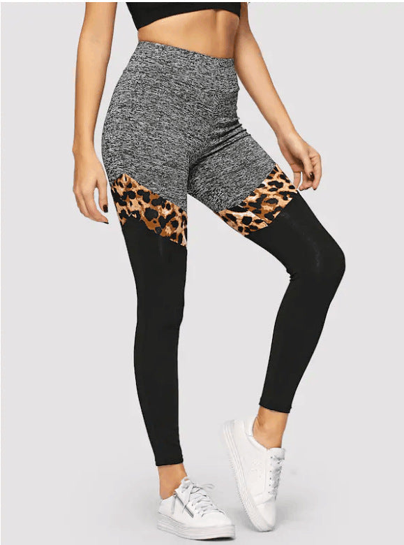 Leopard-print Splicing Stretch Pants High-rise Sports Yoga Pants