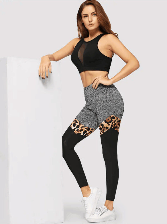 Leopard-print Splicing Stretch Pants High-rise Sports Yoga Pants