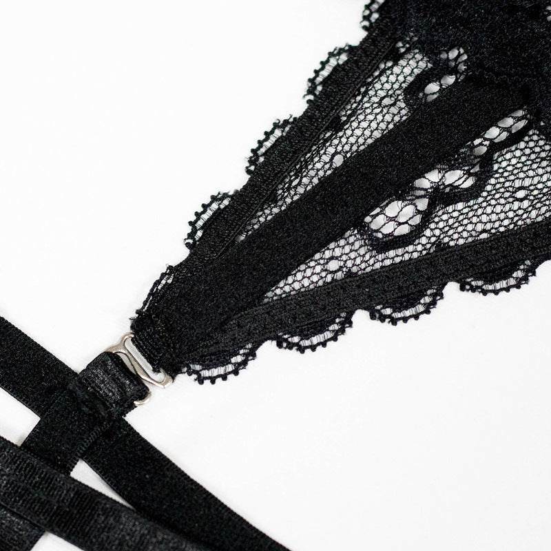 Black Lace Bra Set with Crossover Halter Neck Hook Details