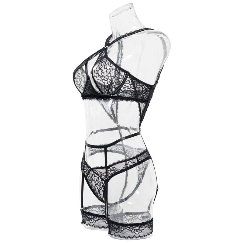 Black Lace Bra Set with Crossover Halter Neck Side View