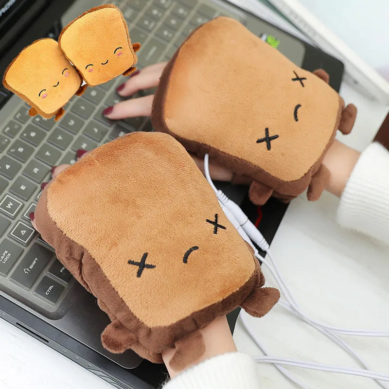 1Pair USB Cute Panda Toast Shape Warm Gloves Heated Hand Warmer Heating Half Finger Winter Warm Gloves For Office Christmas Gift