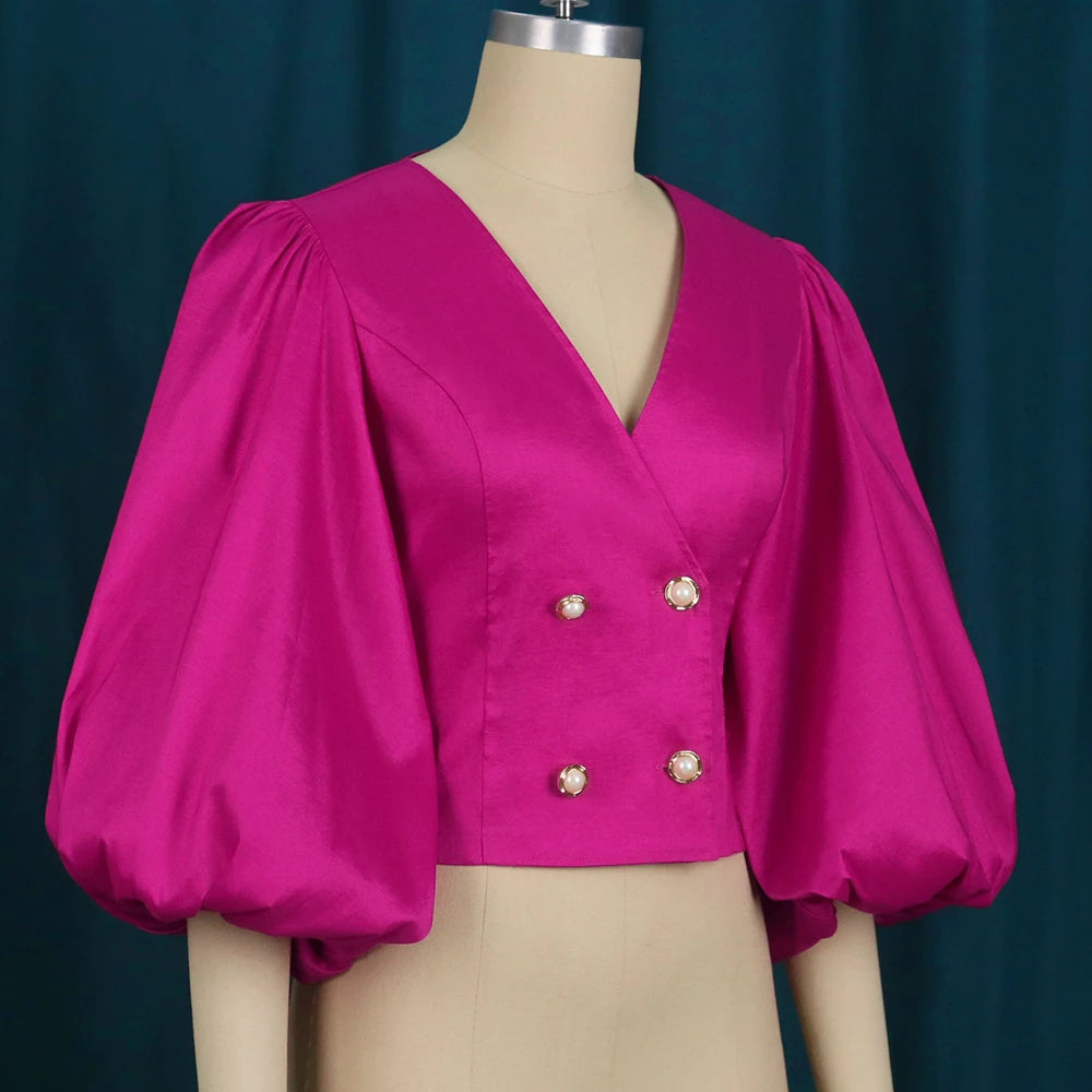 Women Tops Blouse Long Lantern Sleeves Double Buttons V Neck Shiny Glitter Party Classy Ladies Autumn Christmas 2023 New Female