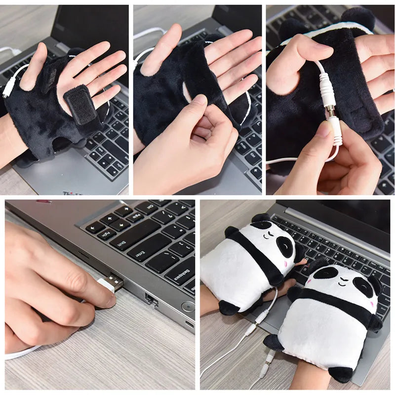 1Pair USB Cute Panda Toast Shape Warm Gloves Heated Hand Warmer Heating Half Finger Winter Warm Gloves For Office Christmas Gift