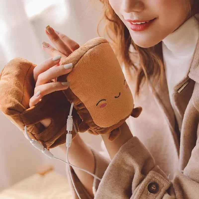 1Pair USB Cute Panda Toast Shape Warm Gloves Heated Hand Warmer Heating Half Finger Winter Warm Gloves For Office Christmas Gift
