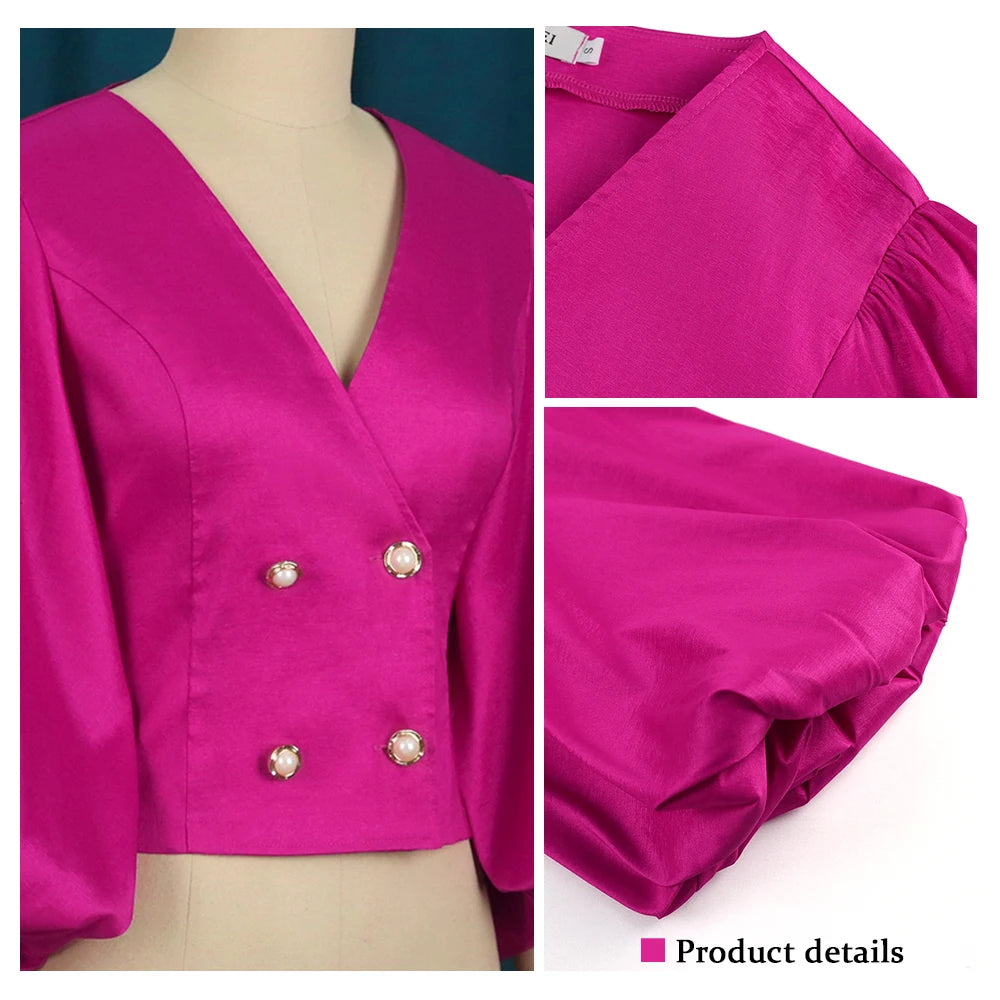 Women Tops Blouse Long Lantern Sleeves Double Buttons V Neck Shiny Glitter Party Classy Ladies Autumn Christmas 2023 New Female