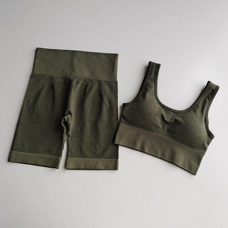 Seamless Striped Yoga Set Tracksuit For Women Slim Bra Top And Hips Lifting Shorts Casual Training Sexy Fitness Clothing 2 Piece