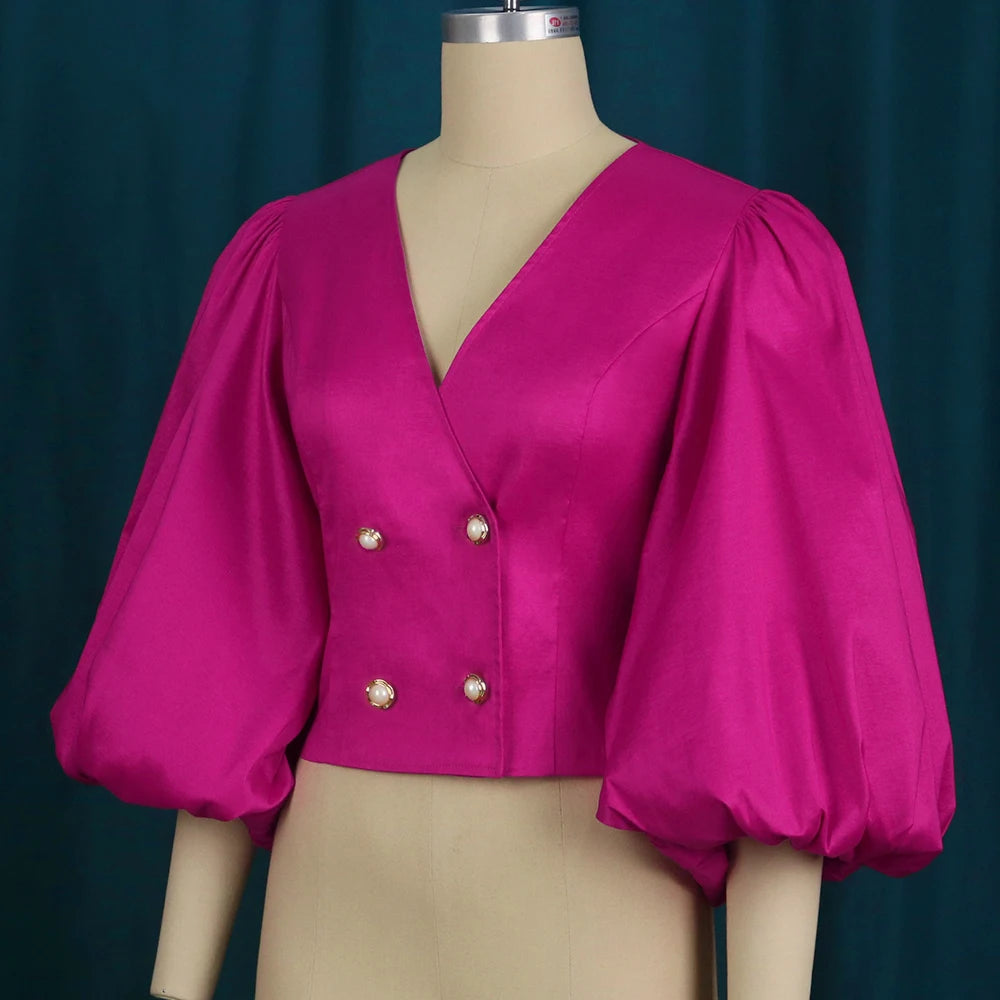 Women Tops Blouse Long Lantern Sleeves Double Buttons V Neck Shiny Glitter Party Classy Ladies Autumn Christmas 2023 New Female