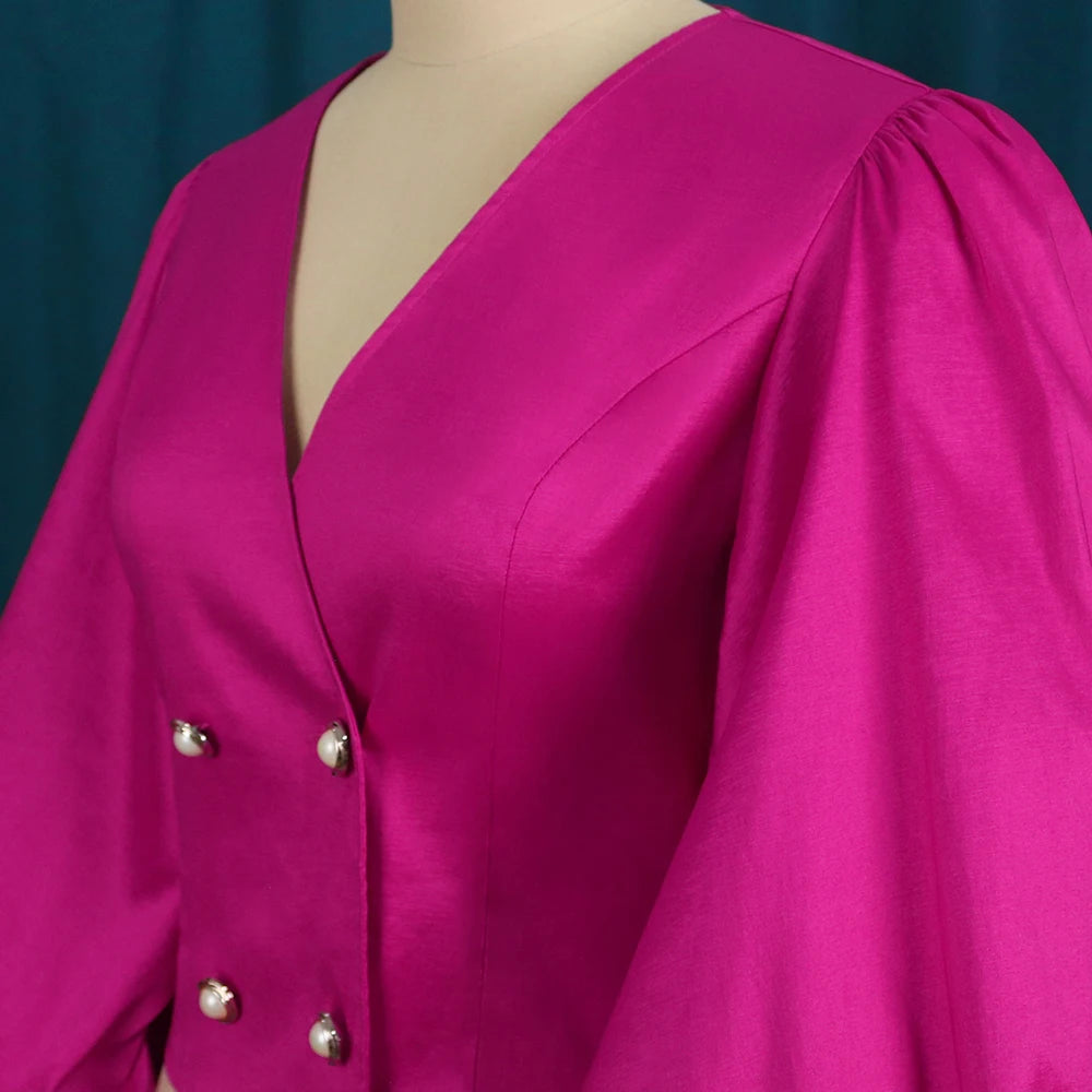 Women Tops Blouse Long Lantern Sleeves Double Buttons V Neck Shiny Glitter Party Classy Ladies Autumn Christmas 2023 New Female