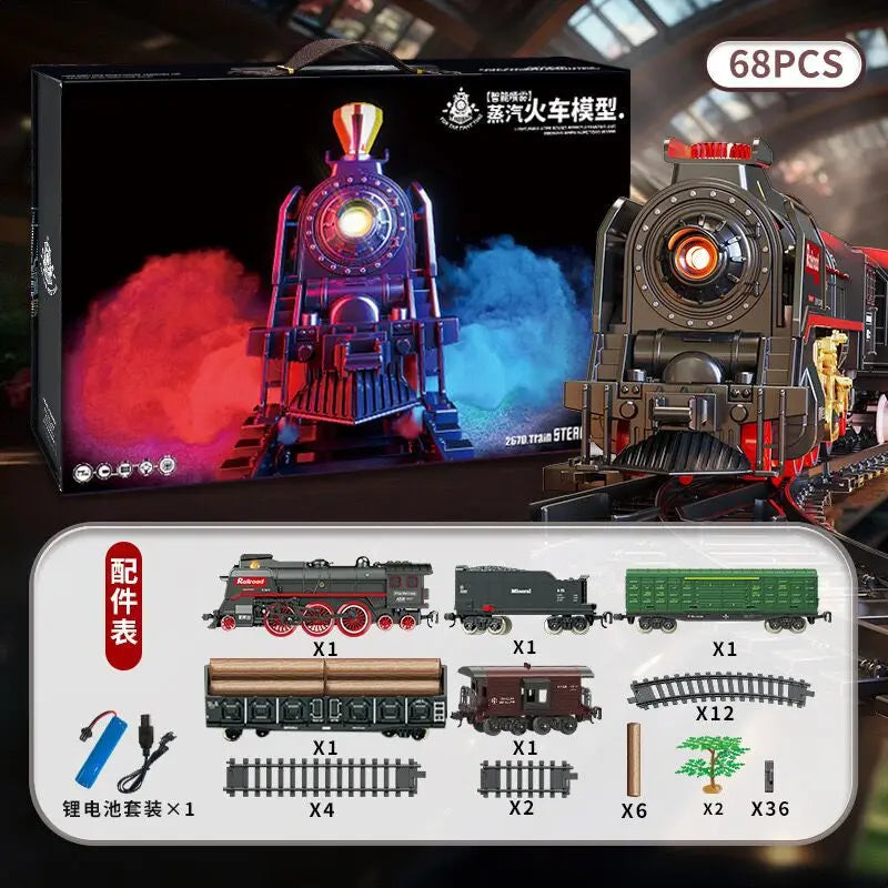 Cross-Border Retro Steam Train Track Toy Gift Box Set for Boys Simulated Electric Small Train Track Car Toy Plastic Material