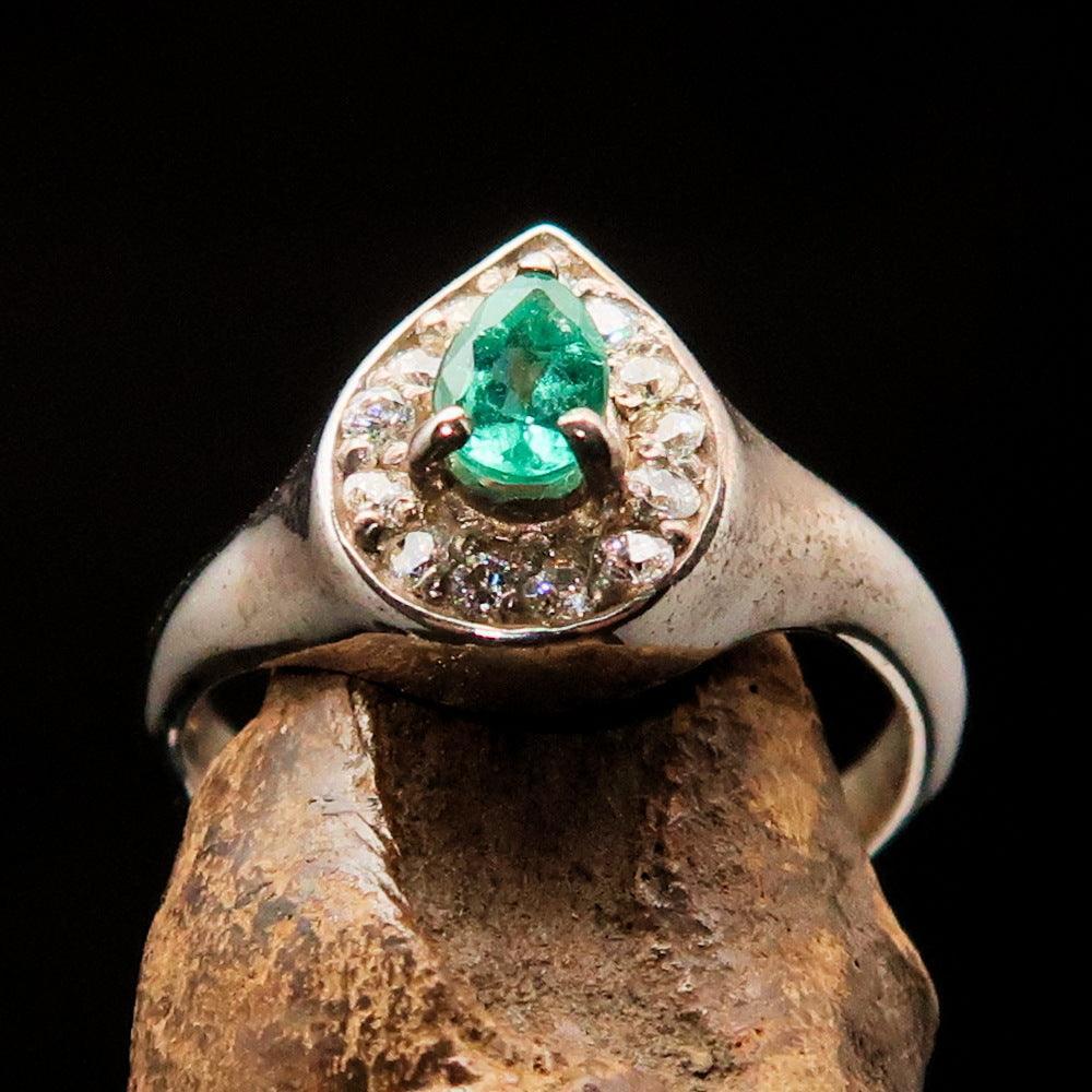 Sterling Silver Solitaire Ring with pear Green Emerald and white CZ - Size 5.5
