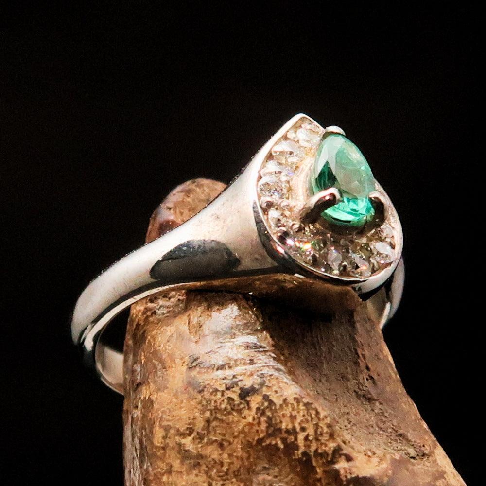 Sterling Silver Solitaire Ring with pear Green Emerald and white CZ - Size 5.5