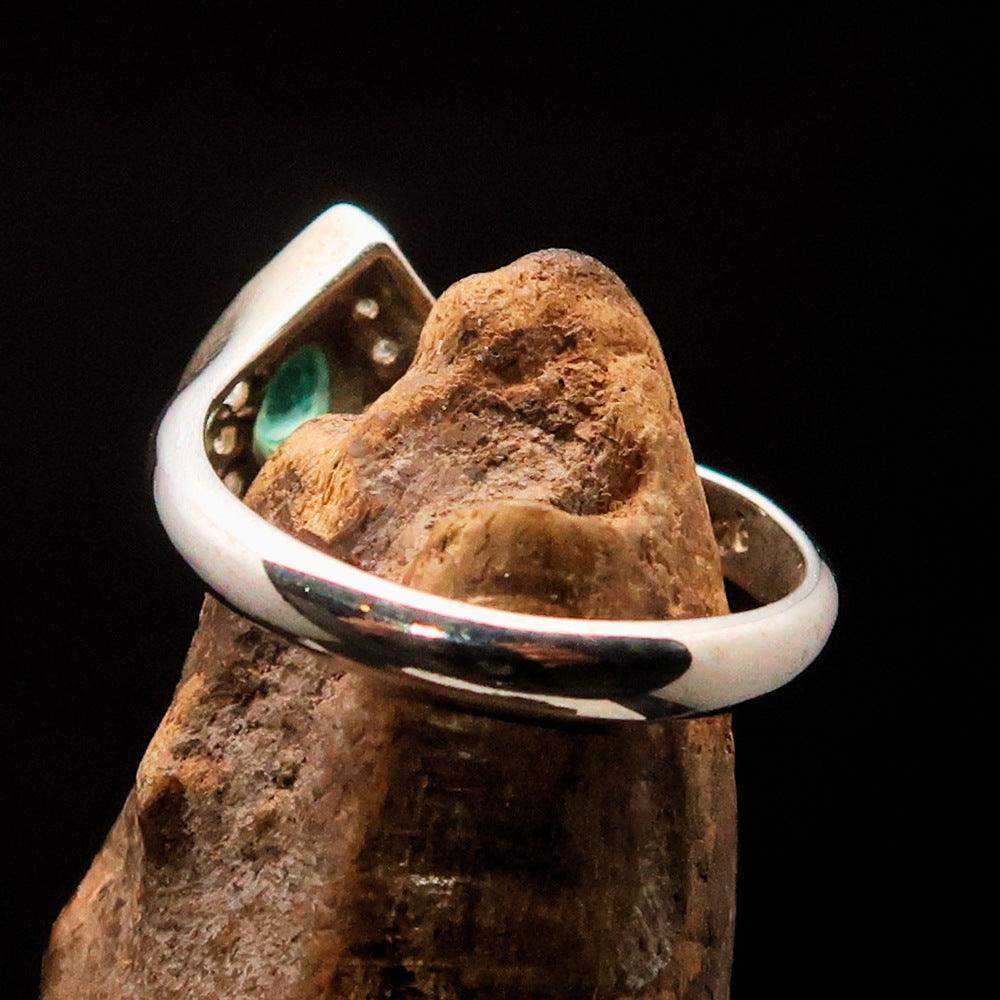 Sterling Silver Solitaire Ring with pear Green Emerald and white CZ - Size 5.5