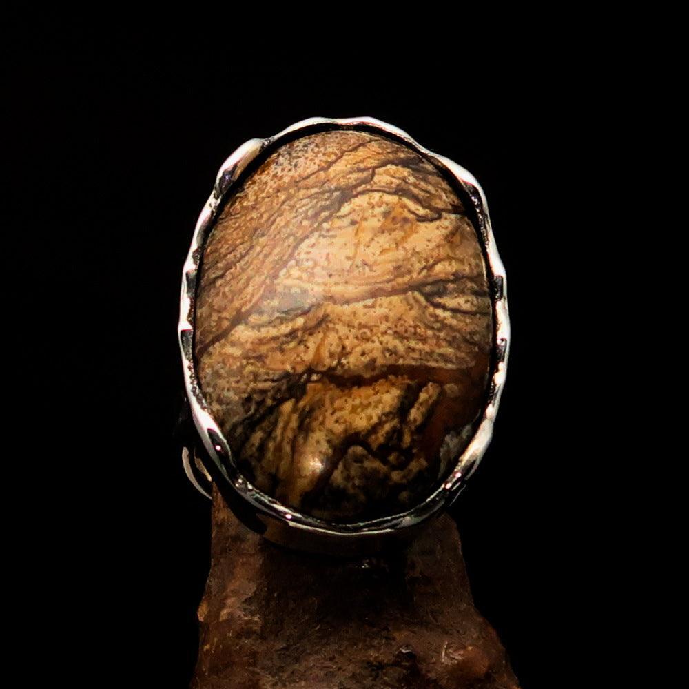 Oval shaped symmetric Artwork Sterling Silver Ring with Picture Jasper size 8