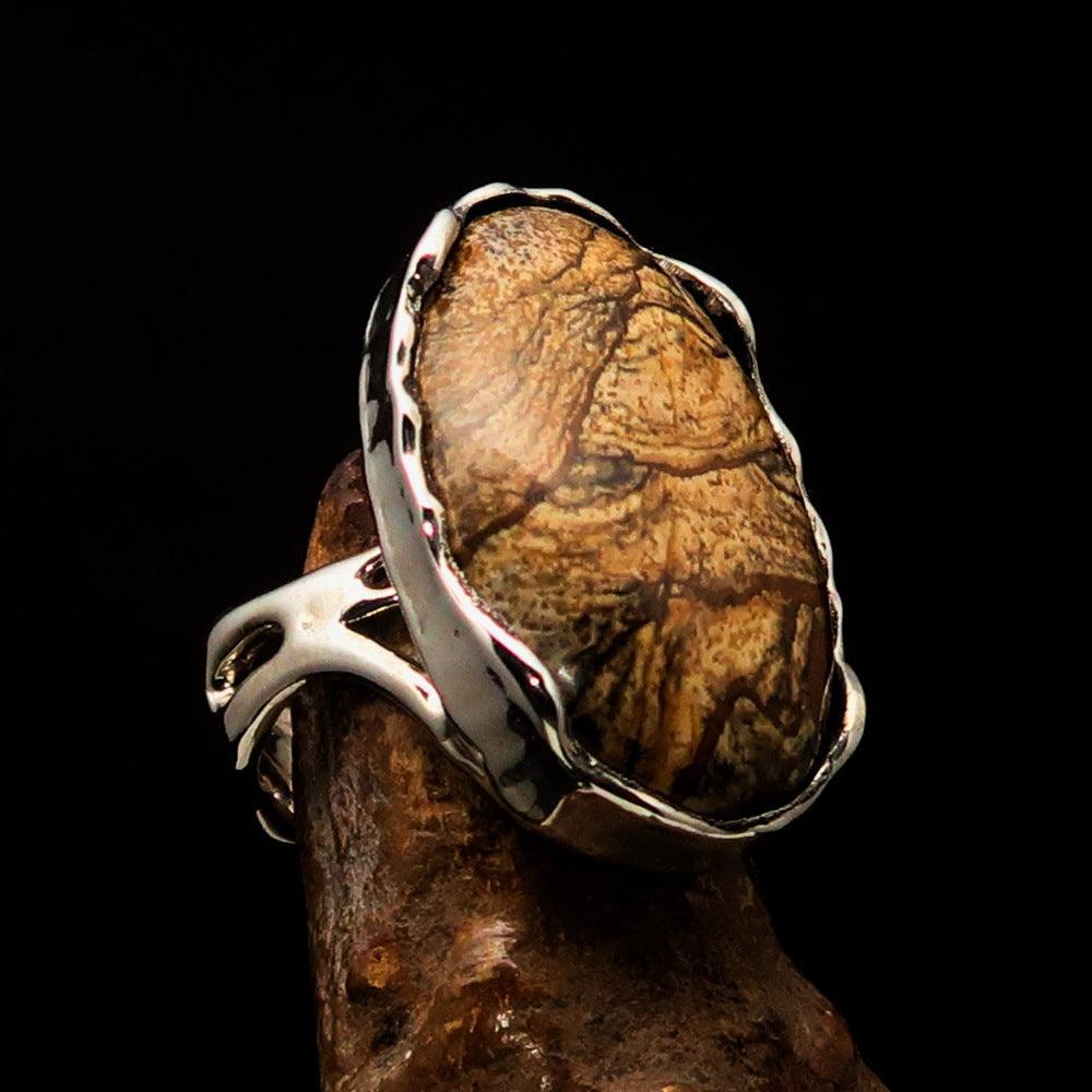Oval shaped symmetric Artwork Sterling Silver Ring with Picture Jasper size 8