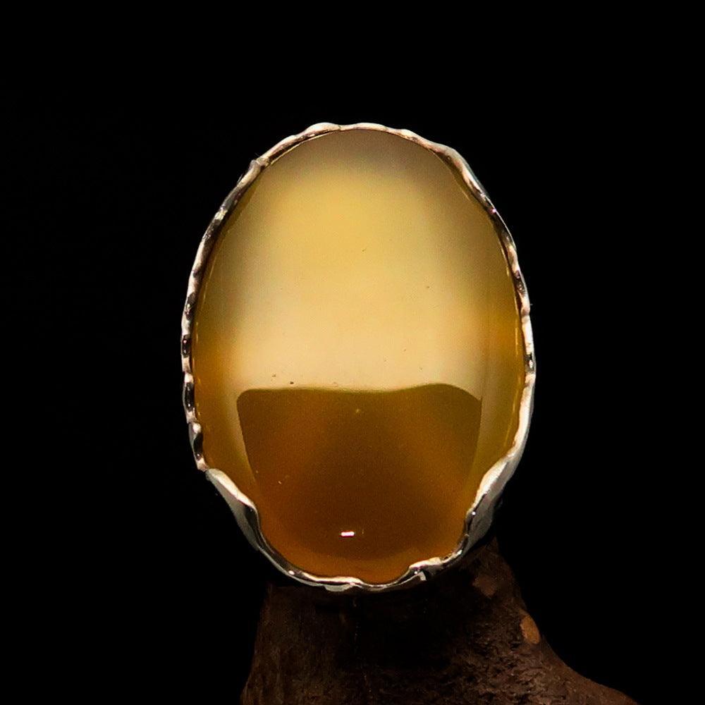 Sterling Silver Artwork Ring with oval yellow Agate Cabochon