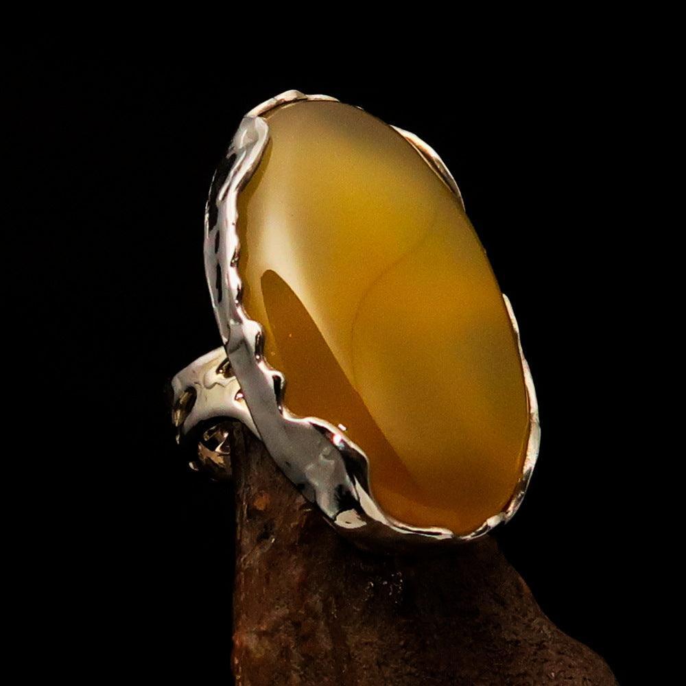 Sterling Silver Artwork Ring with oval yellow Agate Cabochon