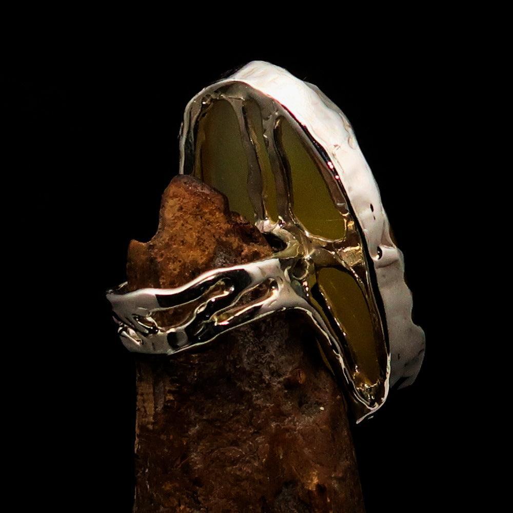Sterling Silver Artwork Ring with oval yellow Agate Cabochon