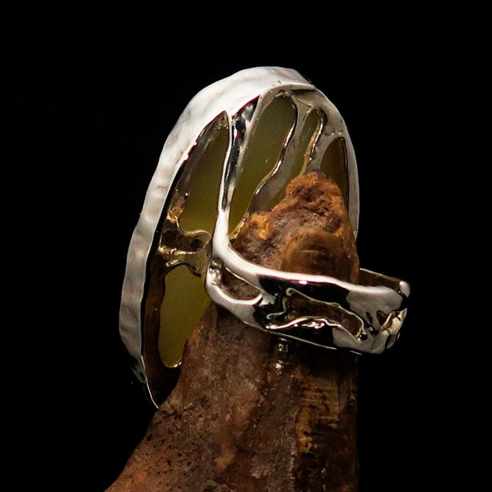 Sterling Silver Artwork Ring with oval yellow Agate Cabochon
