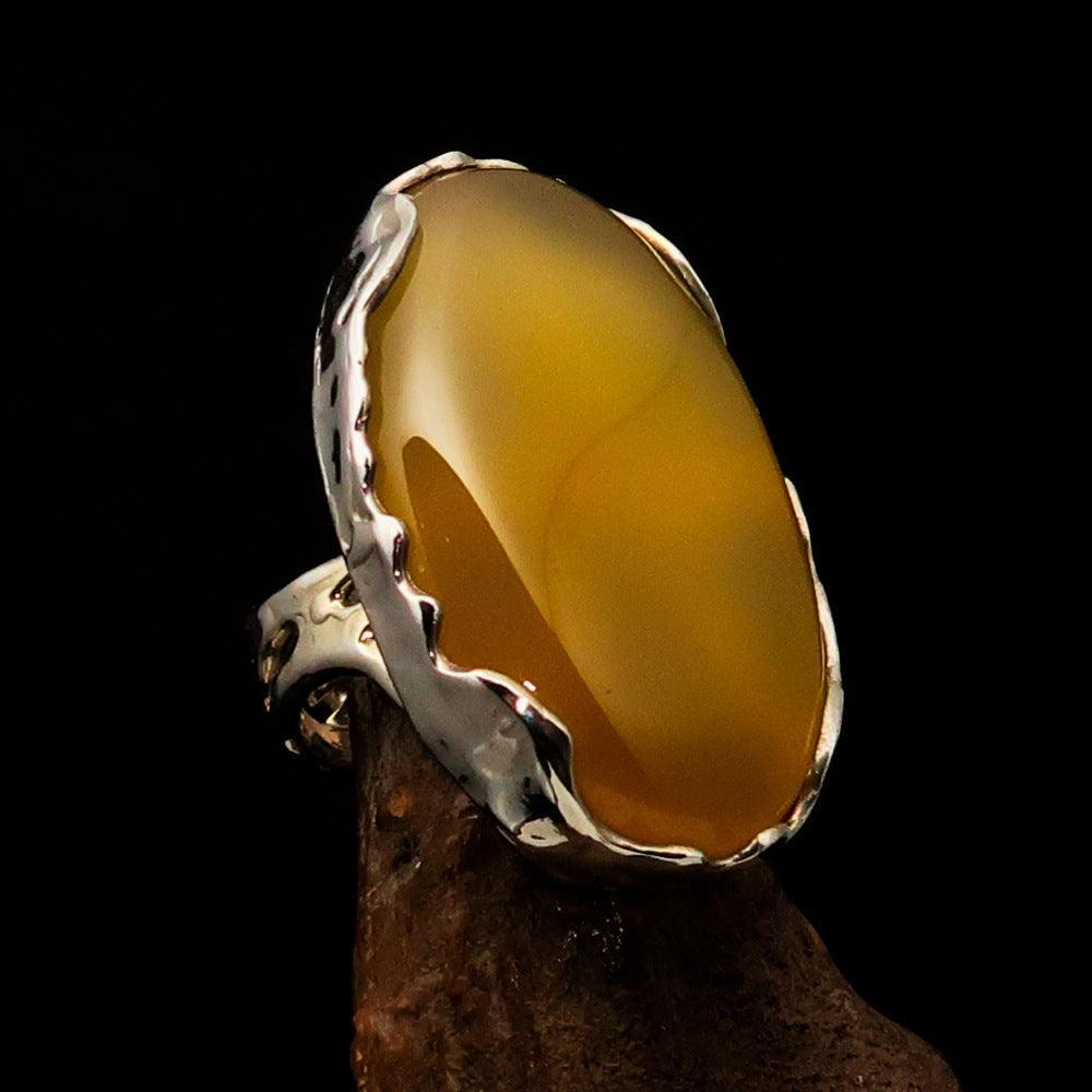 Sterling Silver Artwork Ring with oval yellow Agate Cabochon