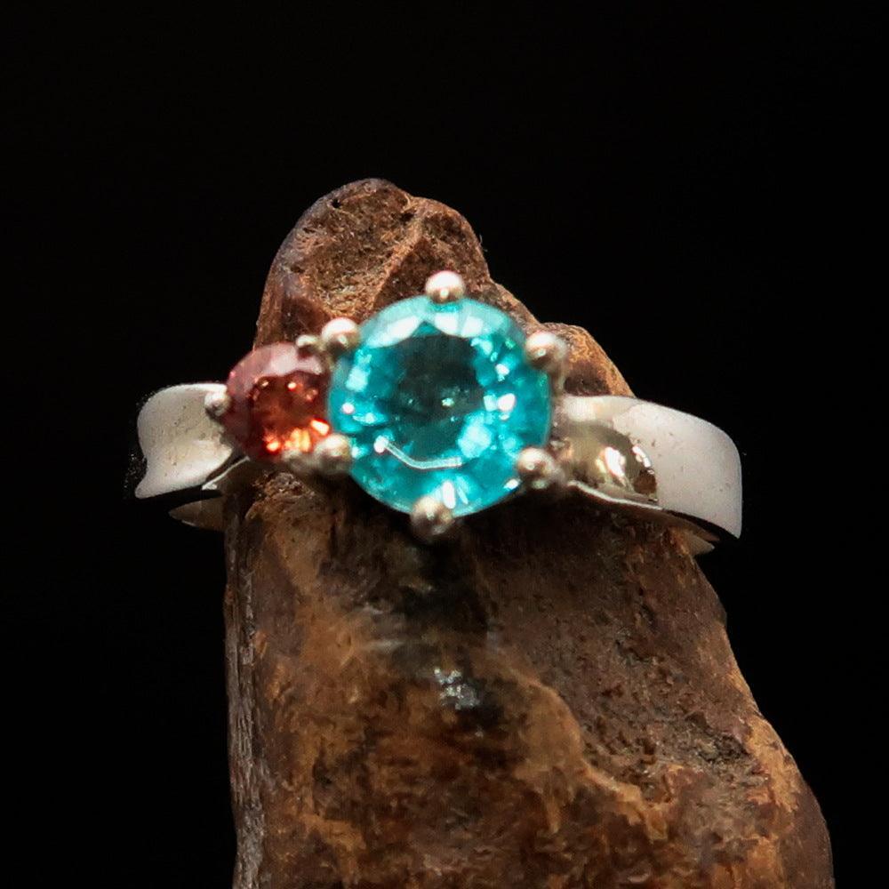 Sterling Silver Ring with Blue Apatite and orange Sapphire - Size 6.5