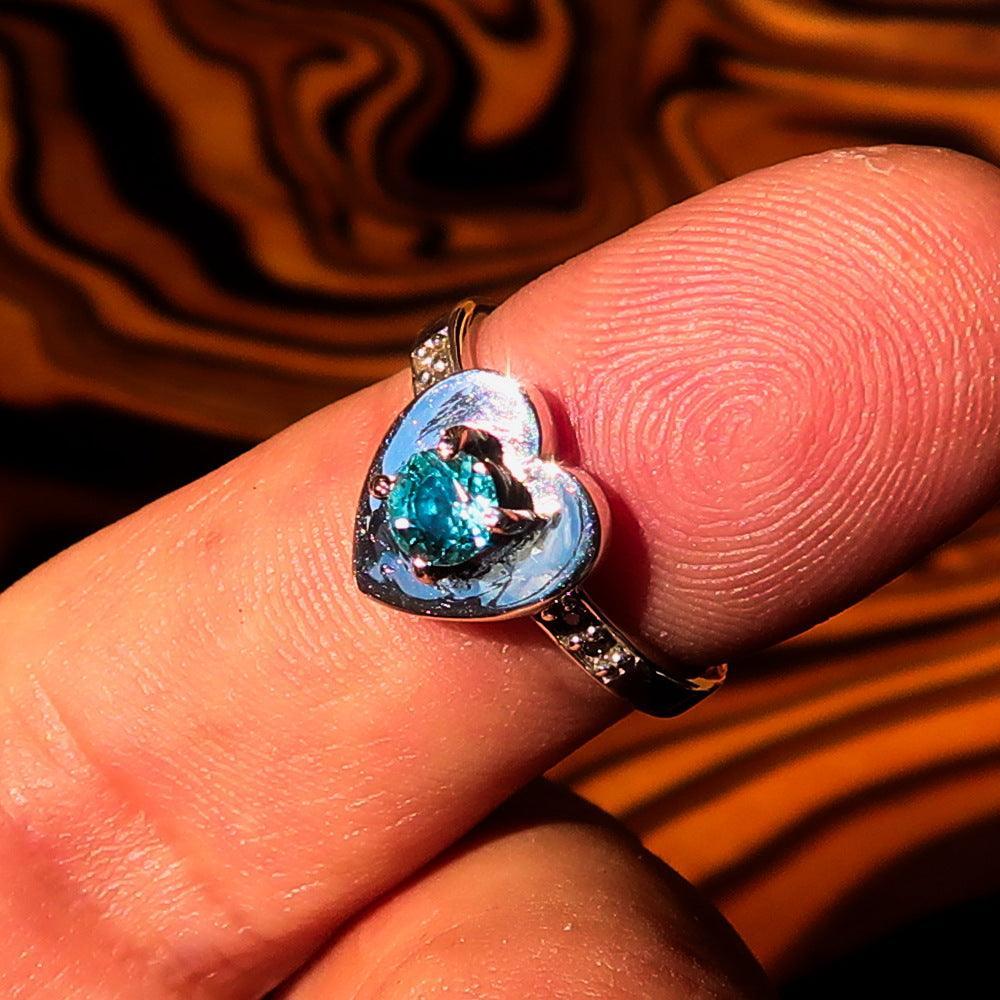 Heart shaped Sterling Silver Solitaire Ring with round Cut Blue Zircon 4 CZ - Size 5.75