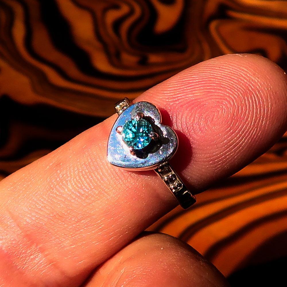 Heart shaped Sterling Silver Solitaire Ring with round Cut Blue Zircon 4 CZ - Size 5.75