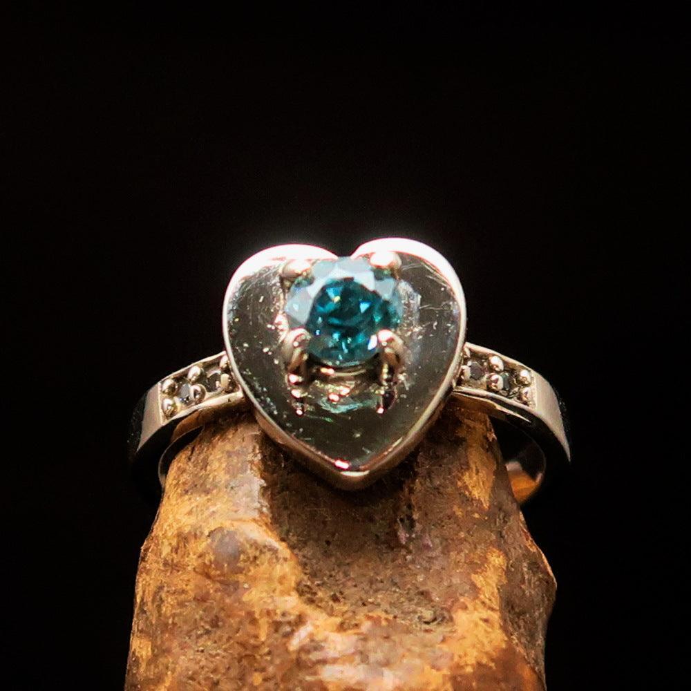 Heart shaped Sterling Silver Solitaire Ring with round Cut Blue Zircon 4 CZ - Size 5.75