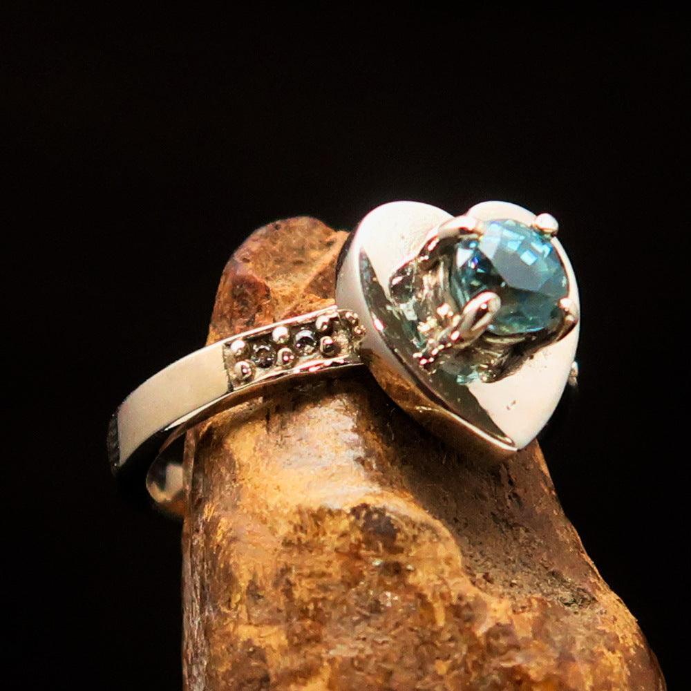 Heart shaped Sterling Silver Solitaire Ring with round Cut Blue Zircon 4 CZ - Size 5.75
