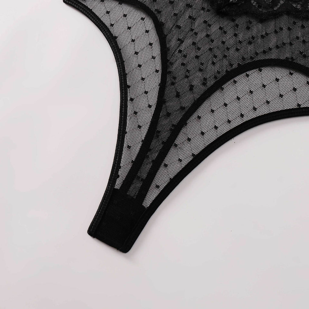 Noir Lace Elegance Deep Plunge Bodysuit Crotch Details