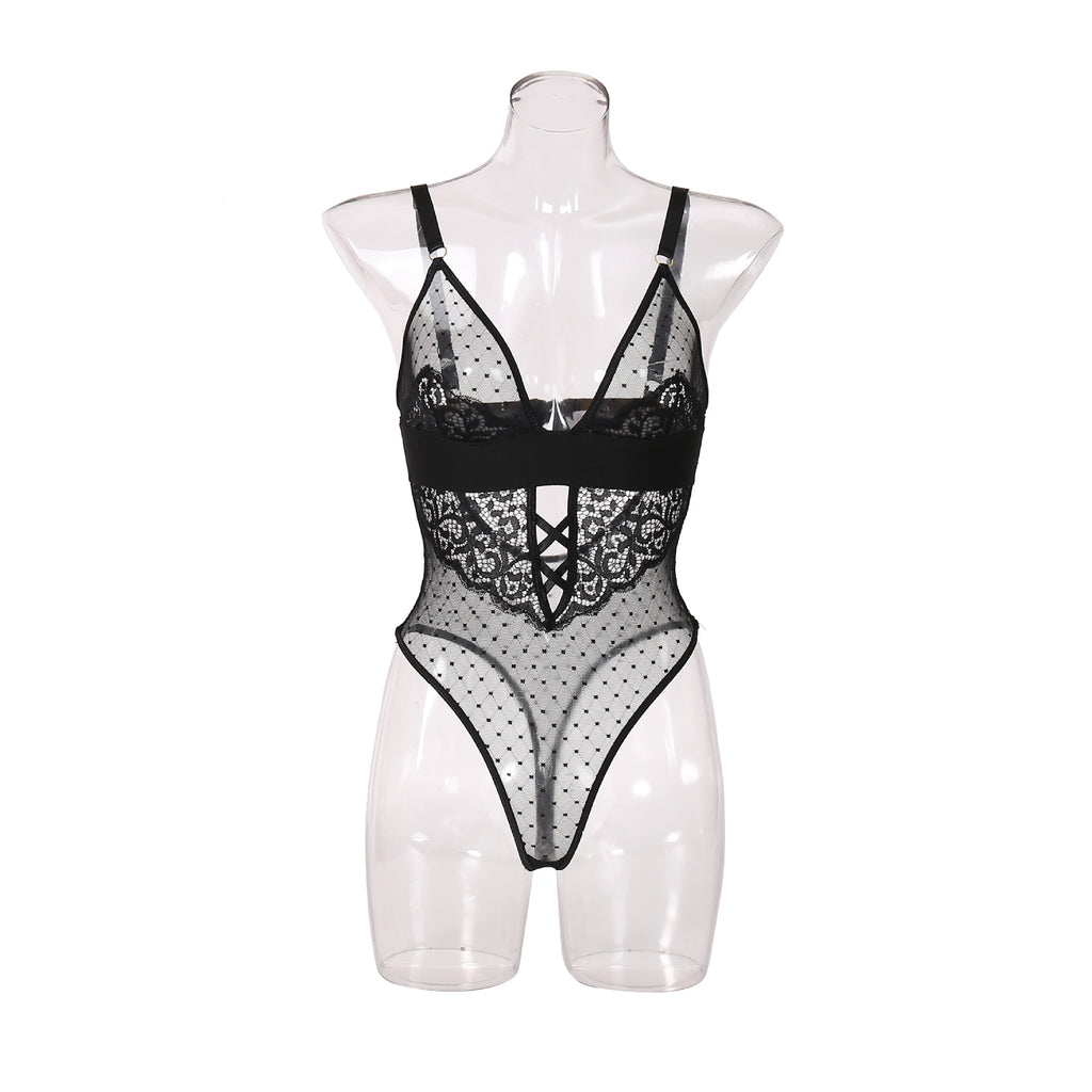 Noir Lace Elegance Deep Plunge Bodysuit Front View