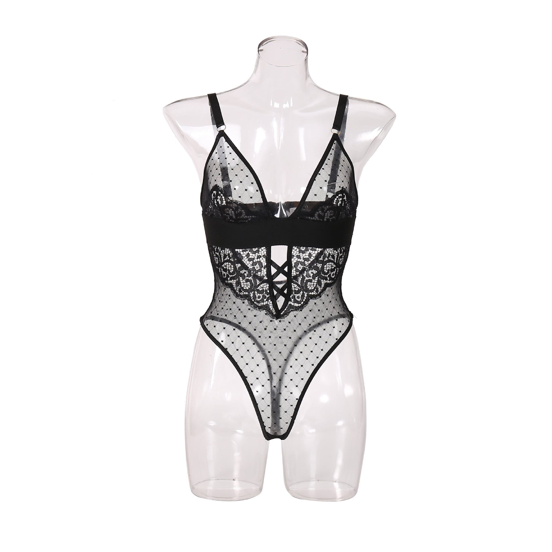 Noir Lace Elegance Deep Plunge Bodysuit Front View