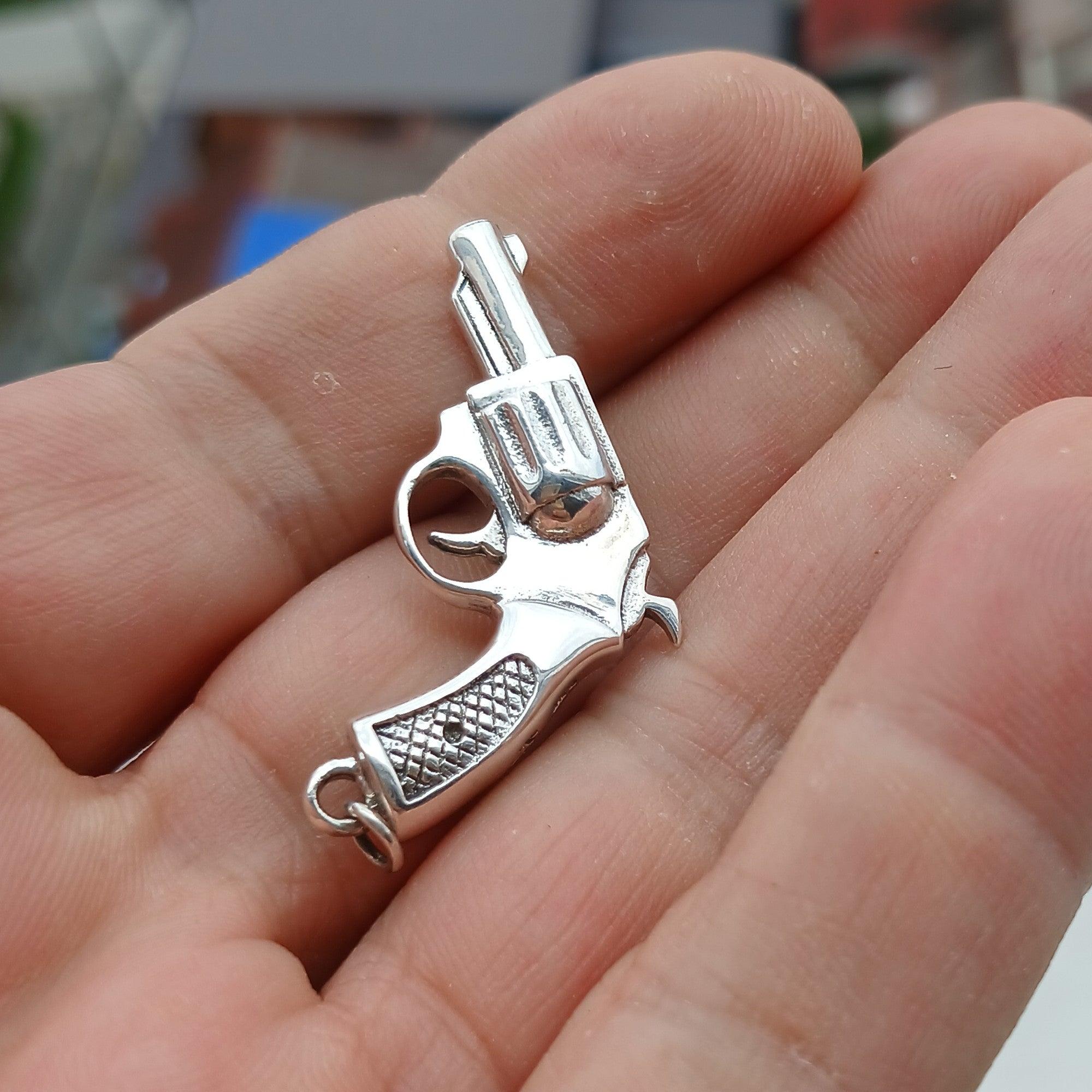 Revolver Silver Pendant, Sterling Silver Gun Pendant Excellent Details hallmarked 925