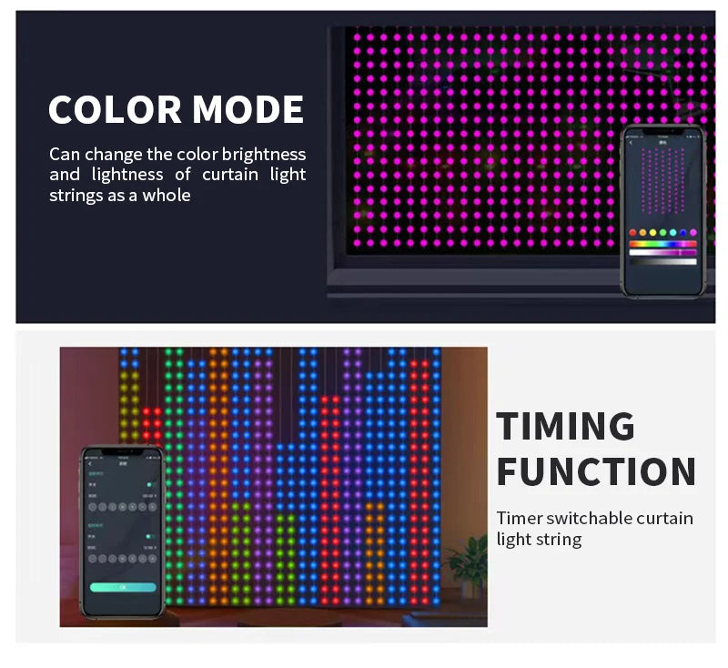 Smart RGB LED Curtain Lights RGB LED String Light AppControl USB DIY Text Animation Display Music Sync for Christmas Party Decor