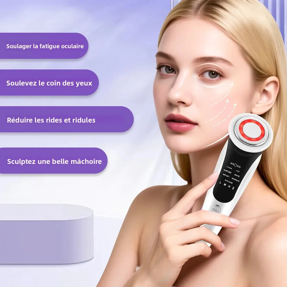 7 in 1 EMS Facial Massager Face Beauty Instrument with Induced Vibration and Hot Compress Face Skin Care Tool LED Light Therapy