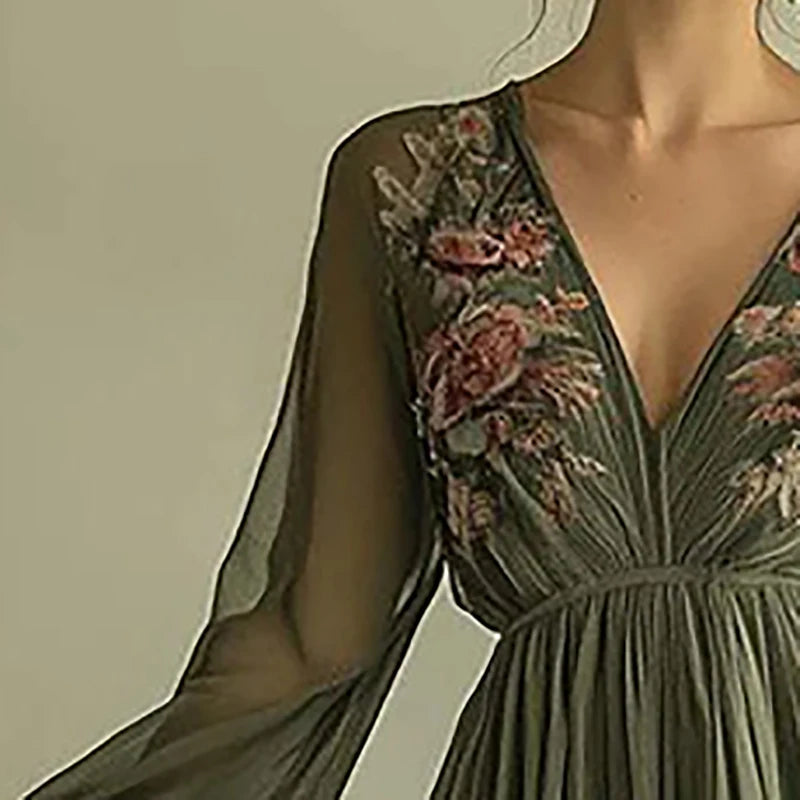 Women's Clothing Trend 2025 Spring Long Sleeve High Waist Evening Dresses Sexy V Neck Floral Printed Boho Holiday Dress Vestidos