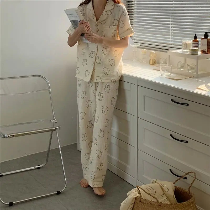 Kawaii MIffy Cotton Gauze Pajamas Long Sleeve Trousers Cardigan Home Suit Two Sets Christmas Gift