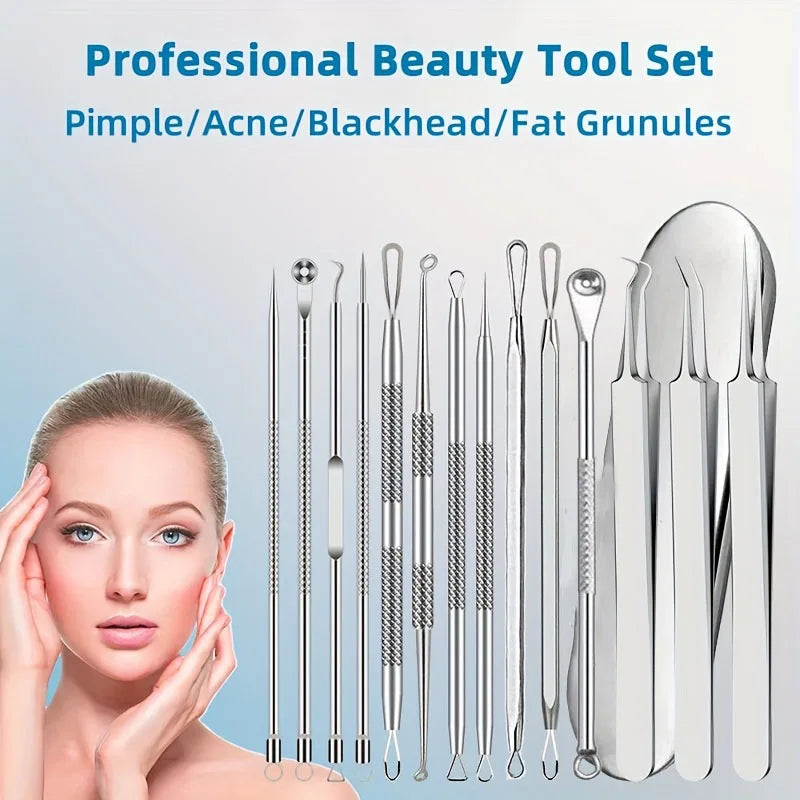 15pcs Facial Cleansing Beauty Tool Set Stainless Steel Pliers Cell Clips,Comedone Extractor,Blackhead and Whitehead Removal Tool