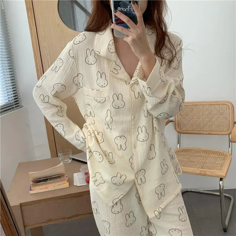 Kawaii MIffy Cotton Gauze Pajamas Long Sleeve Trousers Cardigan Home Suit Two Sets Christmas Gift