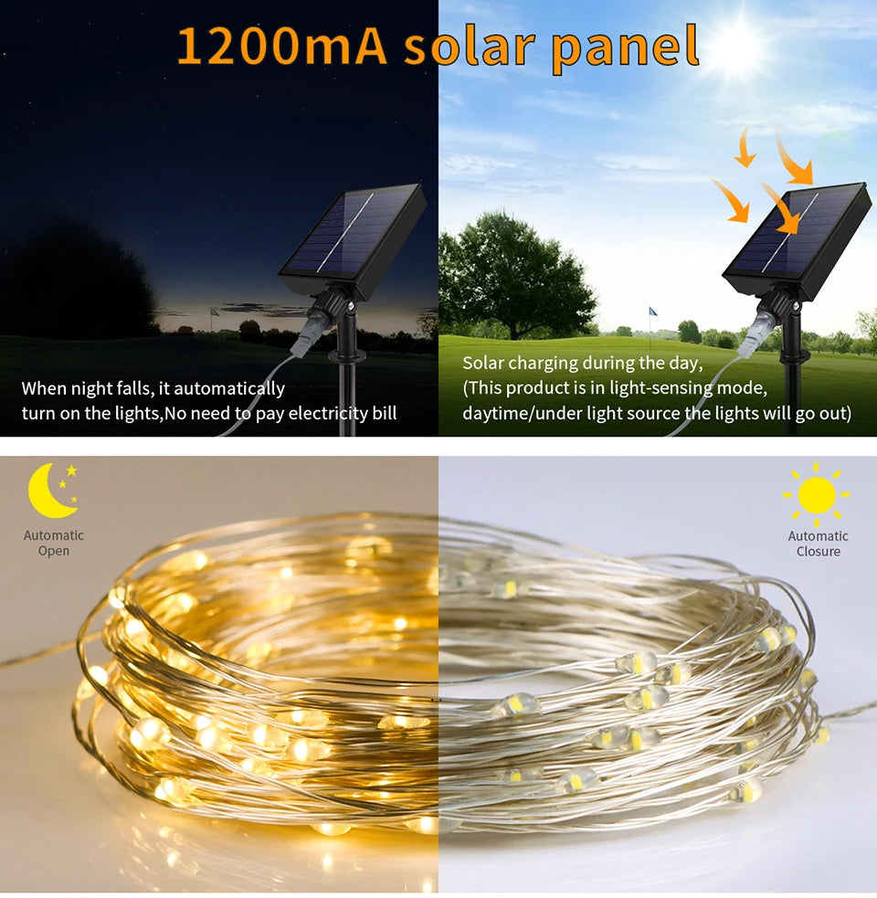 100M Fast Charge Large Size Solar Panel LED Solar Light Outdoor Garden Fairy Lights String Christmas Garland Yard Decoration