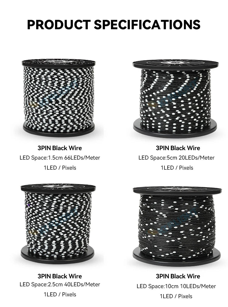 DC12V WS2811 3PIN pixel string signal RGB Addressable Fairy Lights for Room Decor, Ramadan, Outdoor IP68 Black Wire  Pitch