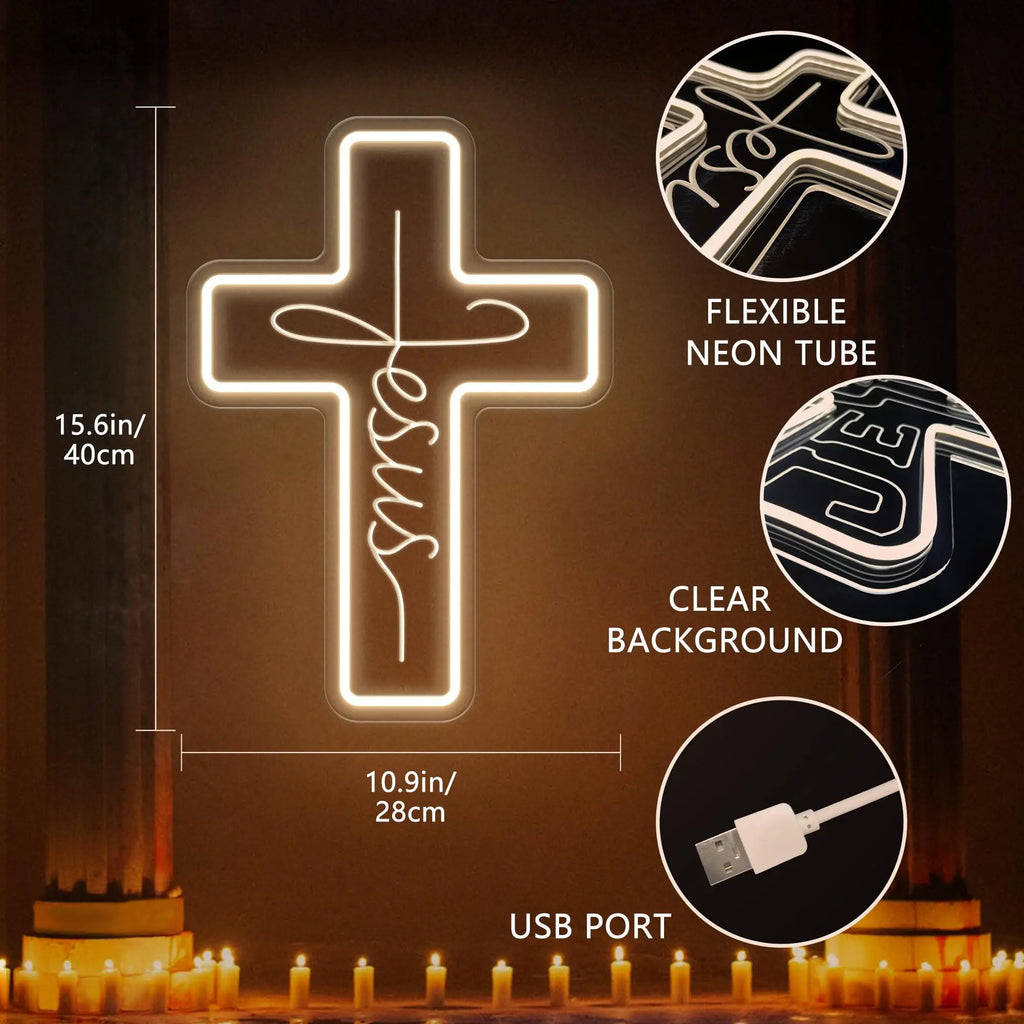 Jesus Cross Neon Sign Light, Led Neon Sign Bedroom Home Decoration Neon Sign, Wall Decor Christmas New Year Christian