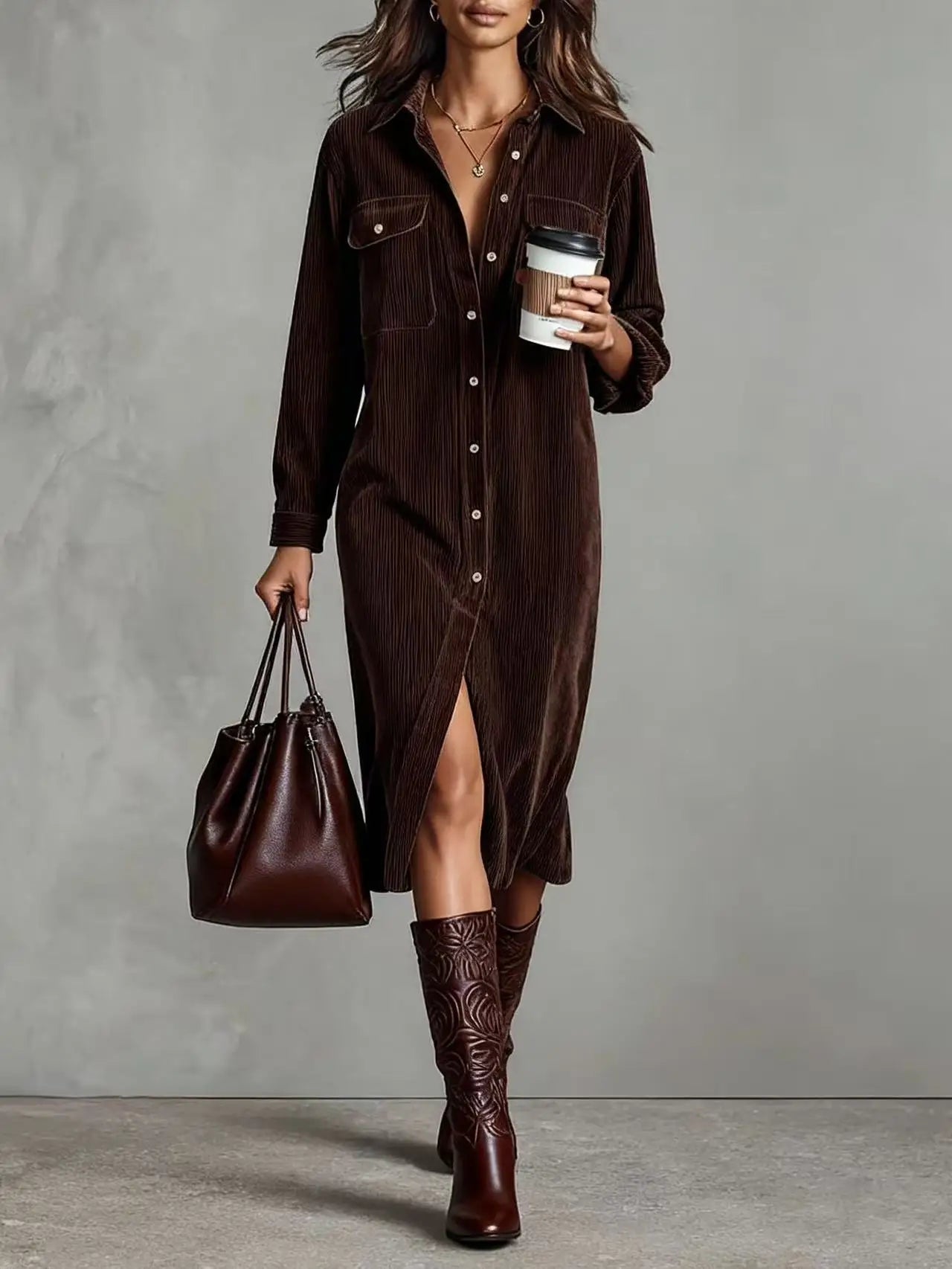 Women's Dresses Trend 2025 Fashionable Women's Workwear Style Elegant Long-sleeved Lapel Corduroy Shirt Elegant Party Dresses