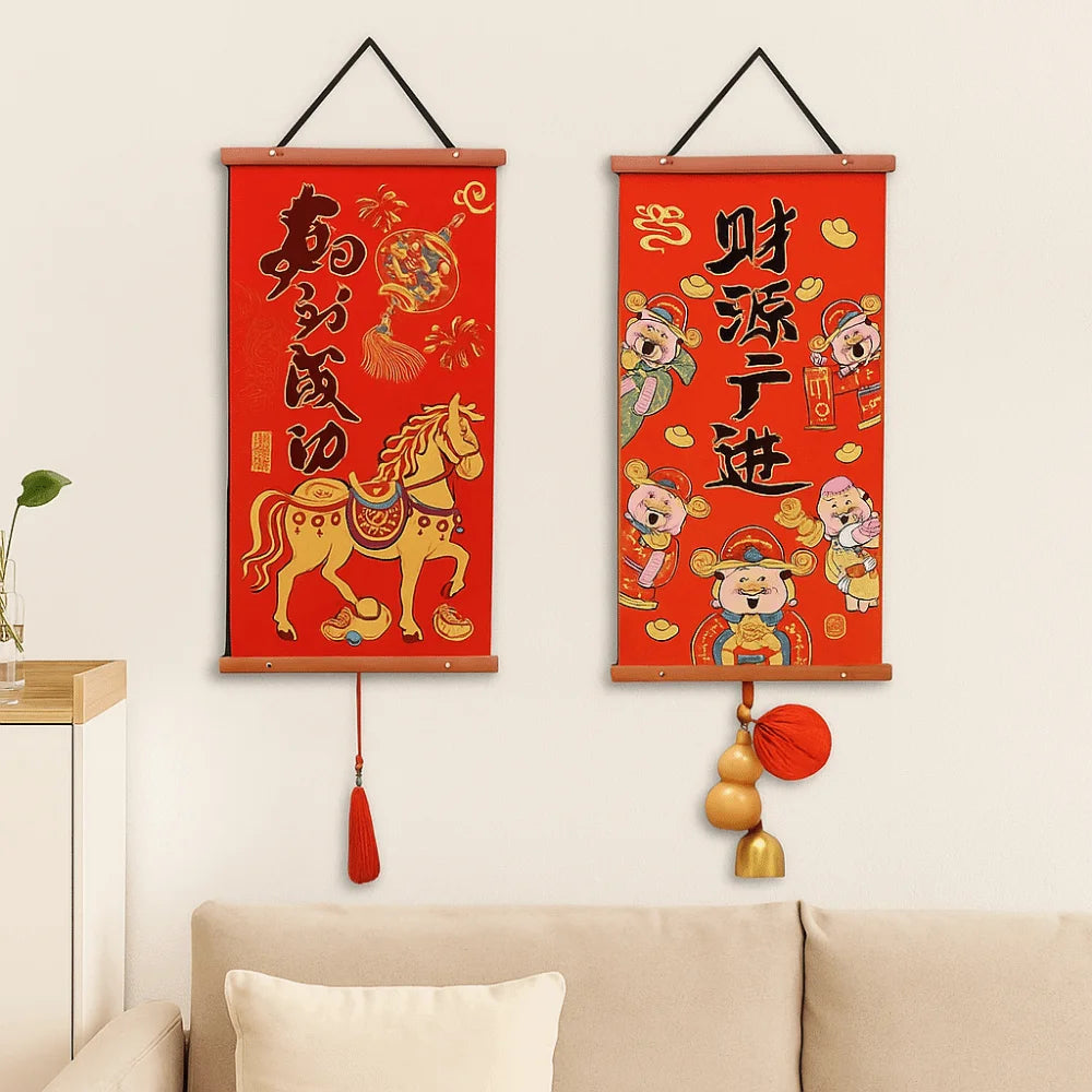Velvet Chinese New Year Decoration Cartoon Traditional New Year Door Couplet with Tassel Blessing Words Spring Couplet Pendant