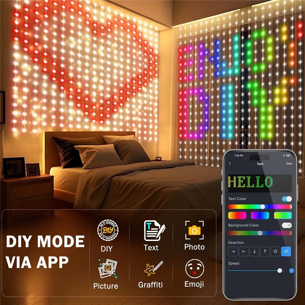 Smart Curtain Lights 400 LED Curtain Light with APP & Remote,DIY String Fairy Light for Valentine's Day, Motel, Bedroom