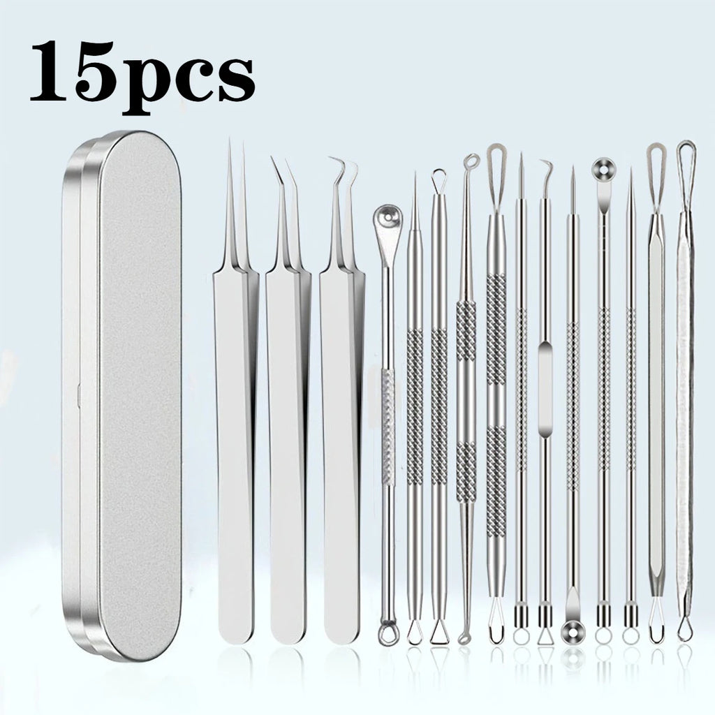 15pcs Facial Cleansing Beauty Tool Set Stainless Steel Pliers Cell Clips,Comedone Extractor,Blackhead and Whitehead Removal Tool