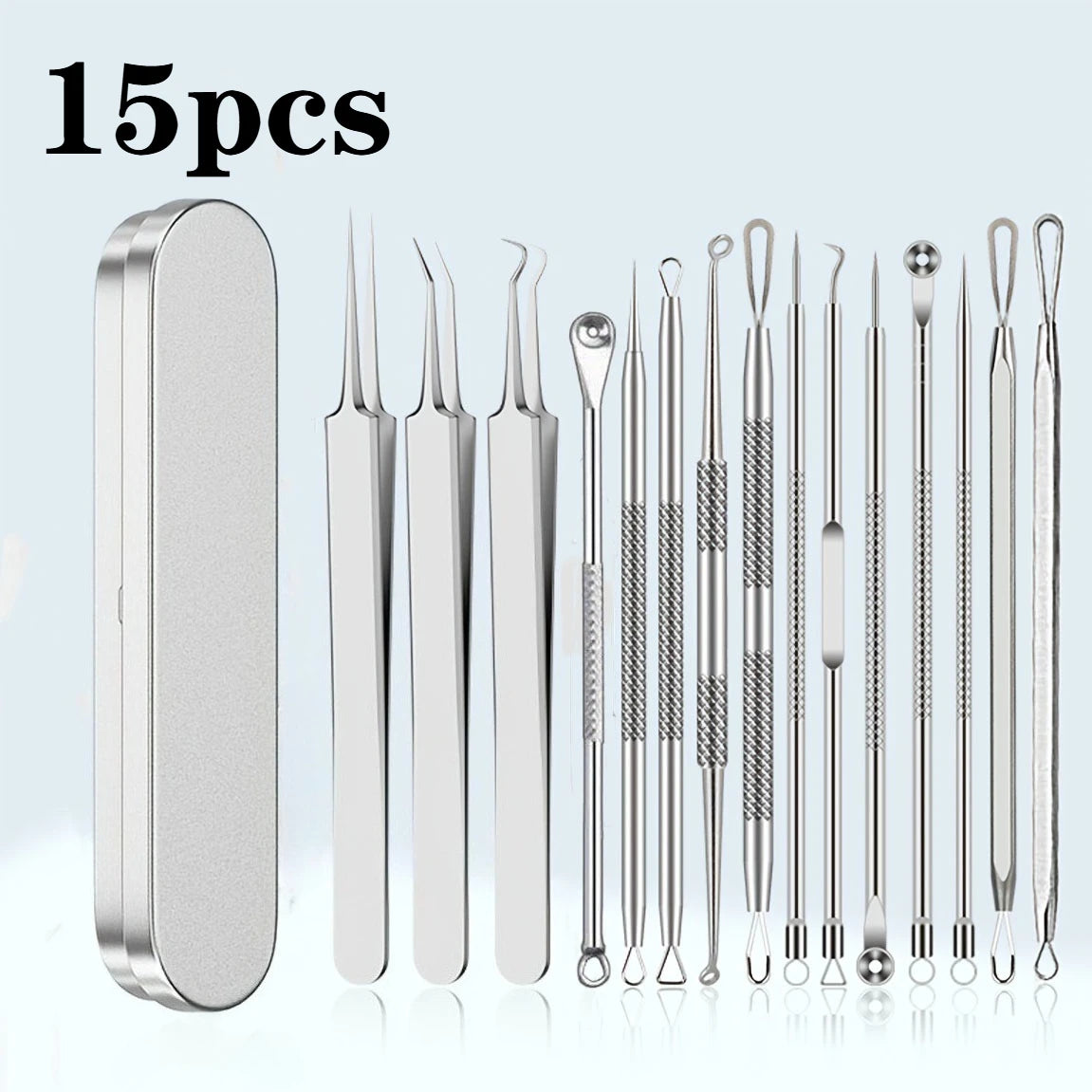 15pcs Facial Cleansing Beauty Tool Set Stainless Steel Pliers Cell Clips,Comedone Extractor,Blackhead and Whitehead Removal Tool