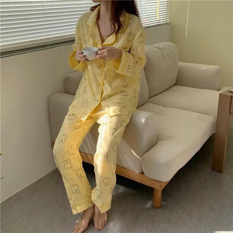 Kawaii MIffy Cotton Gauze Pajamas Long Sleeve Trousers Cardigan Home Suit Two Sets Christmas Gift
