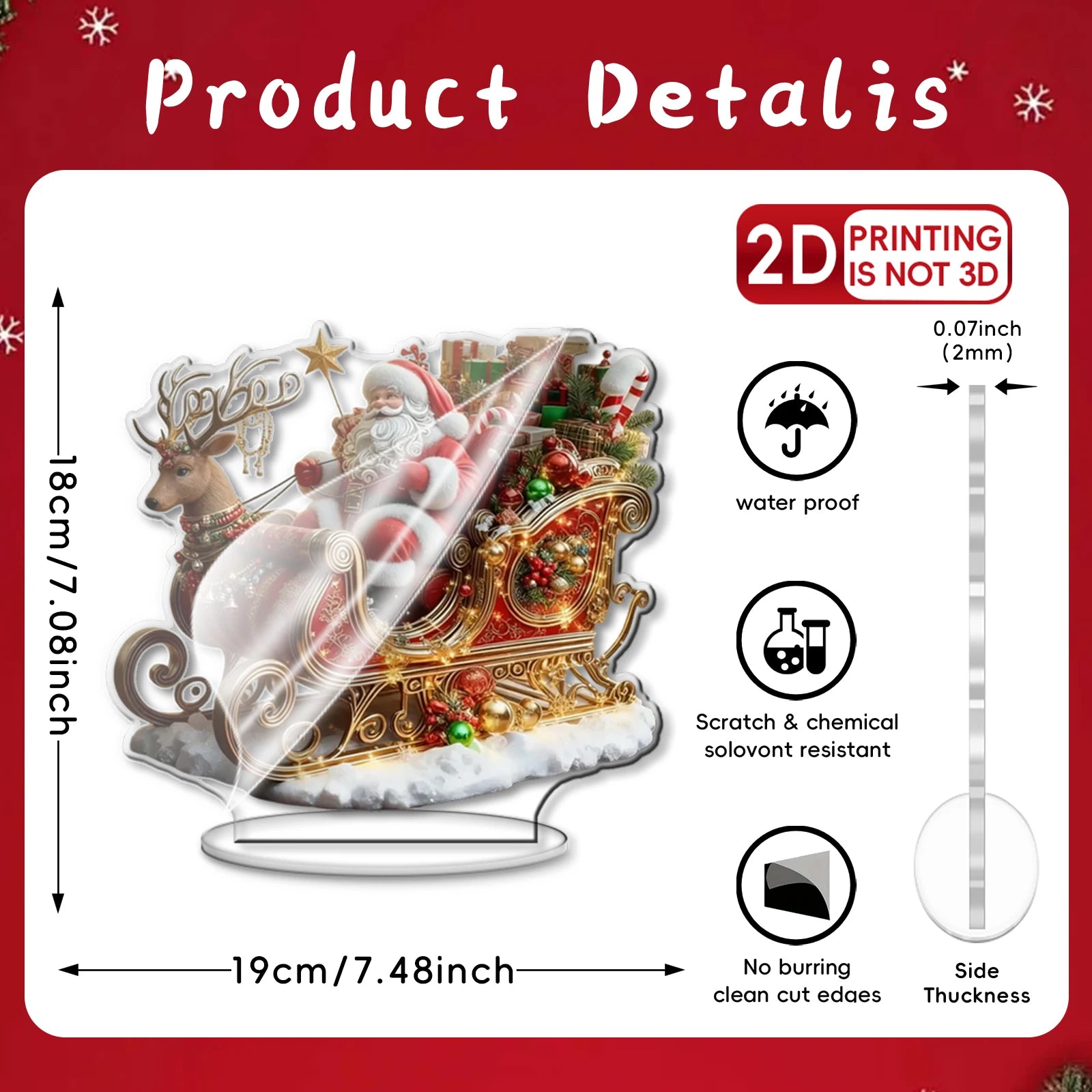 10in 2D Acrylic Display Stand Elk Sled with Santa Claus Christmas Decorations Multi-Functional Home Desk Decoration Photo Prop