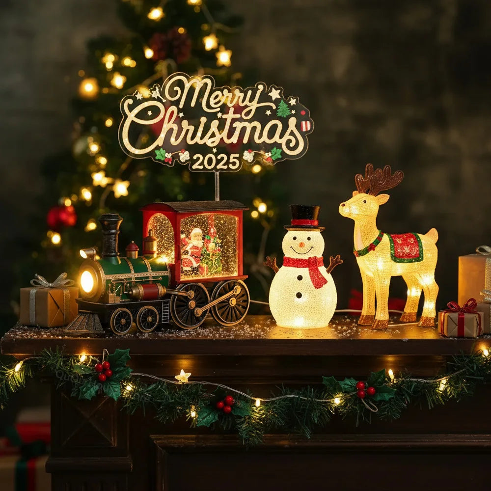 Christmas Train Crystal Ball Ornament, Lighting Santa Claus Snowman Decoration, 2025 New Year Desktop Xmas Tree Gift Retro Style