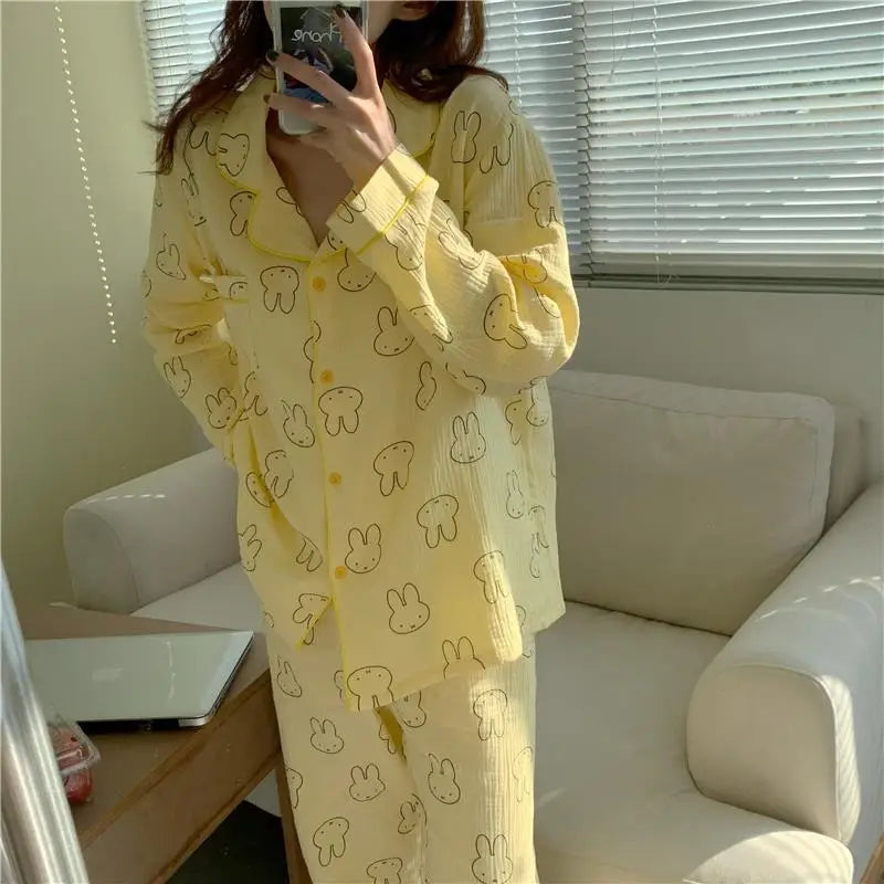 Kawaii MIffy Cotton Gauze Pajamas Long Sleeve Trousers Cardigan Home Suit Two Sets Christmas Gift